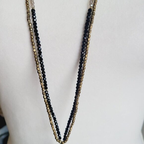 Nakamol Dainty Beaded Double Strand Necklace Black Tassel Faceted Glass Beads - Picture 4 of 10